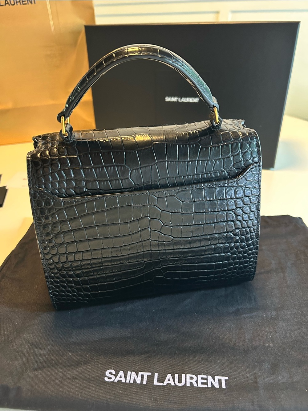 Saint Laurent Black Croc-Embossed Top Handle Satchel Mini Cassandra Purse - Picture 5 of 14